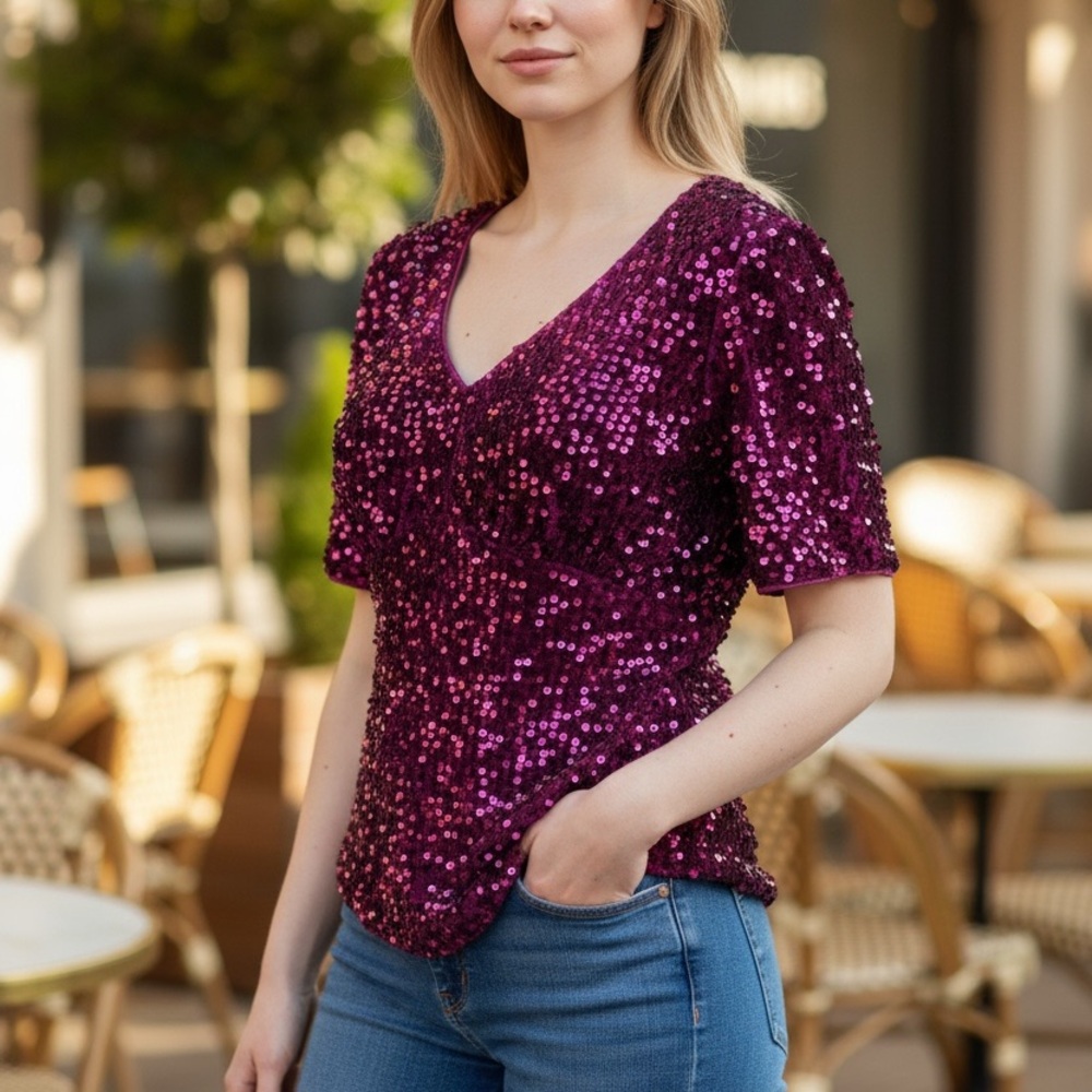 Nanette Lepore Sequin V-Neck Short Sleeve Top in Magenta Party Blouse Sparkly